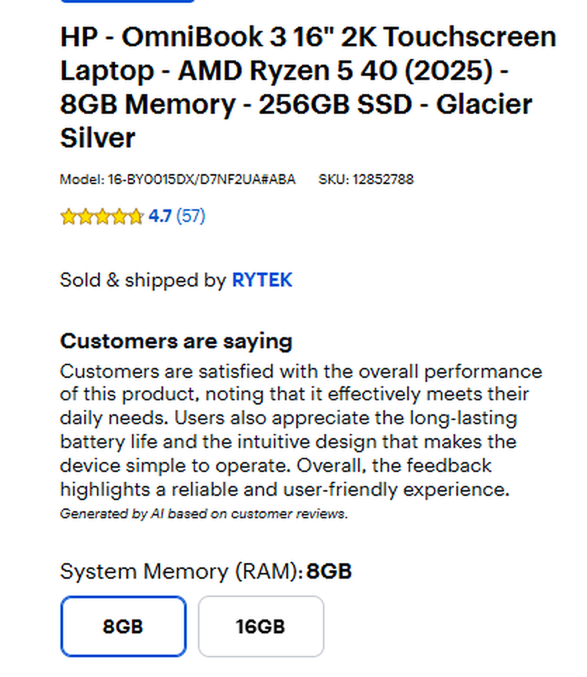 Retail listing showing System Memory set to 8GB with a separate 16GB option button.