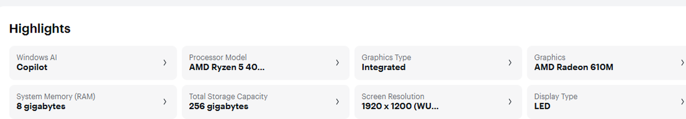 Listing highlights grid showing Windows AI Copilot, Processor Model AMD Ryzen 5 40 truncated, 8 gigabytes of memory, and Display Type LED.