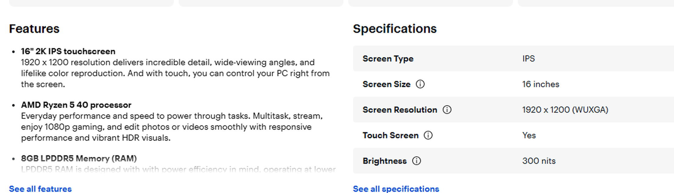 Specifications table listing Screen Type IPS, Screen Resolution 1920 x 1200 WUXGA, and Brightness 300 nits.