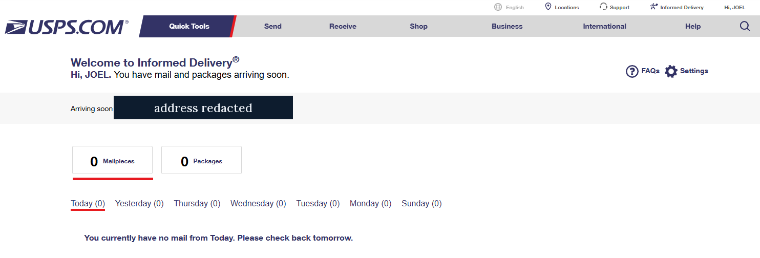The Informed Delivery dashboard showing zero mailpieces and zero packages for the day, with the street address blacked out.