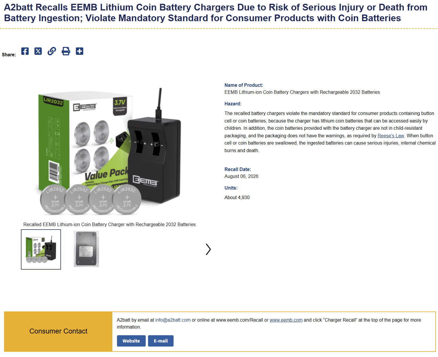 CPSC recall notice for A2batt EEMB lithium coin battery chargers, showing a Remedy section offering a full refund and an orange Consumer Contact box with an email address and website.