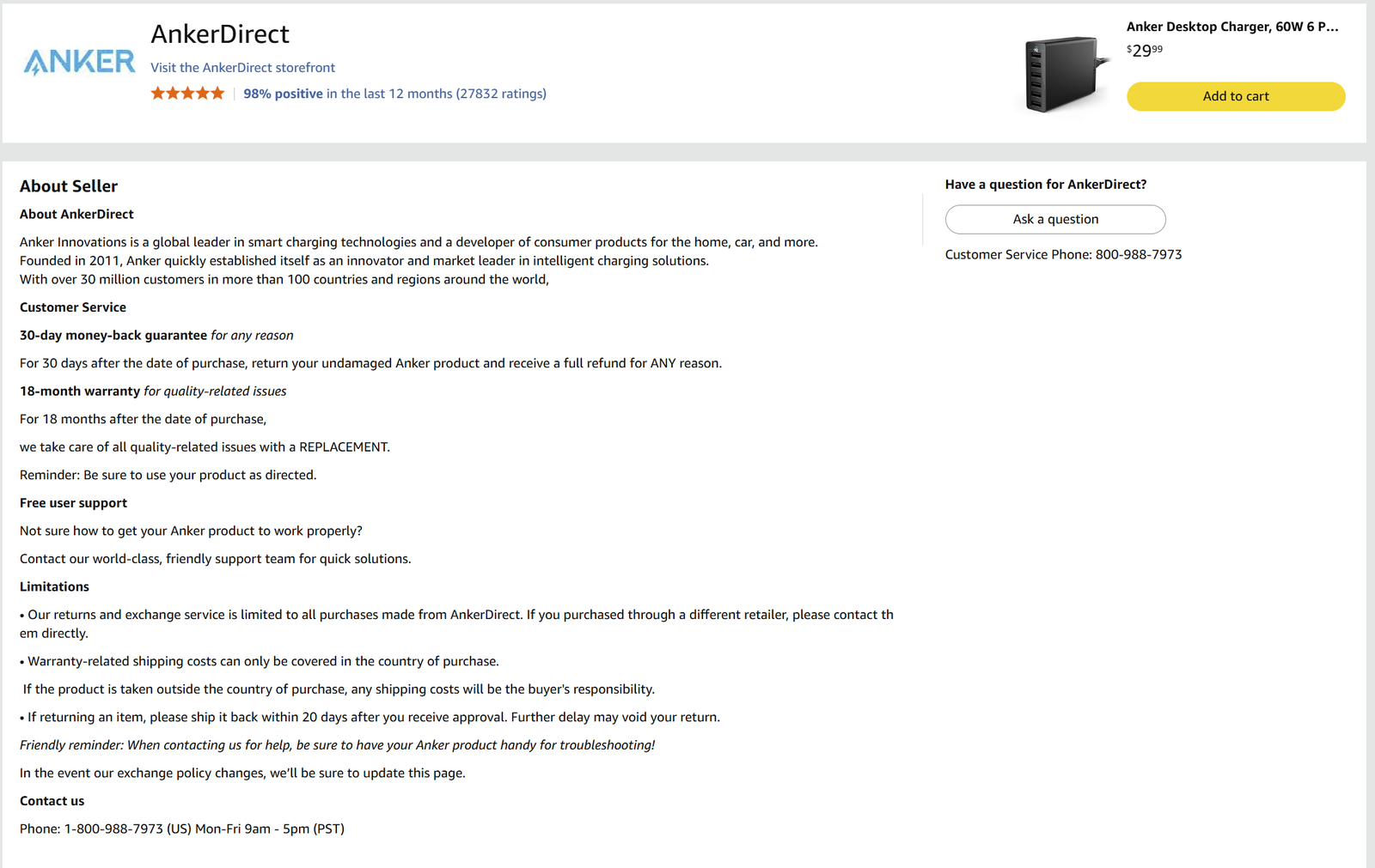 Amazon seller page for AnkerDirect, showing a US customer service phone number, a 30-day money-back guarantee and an 18-month warranty.