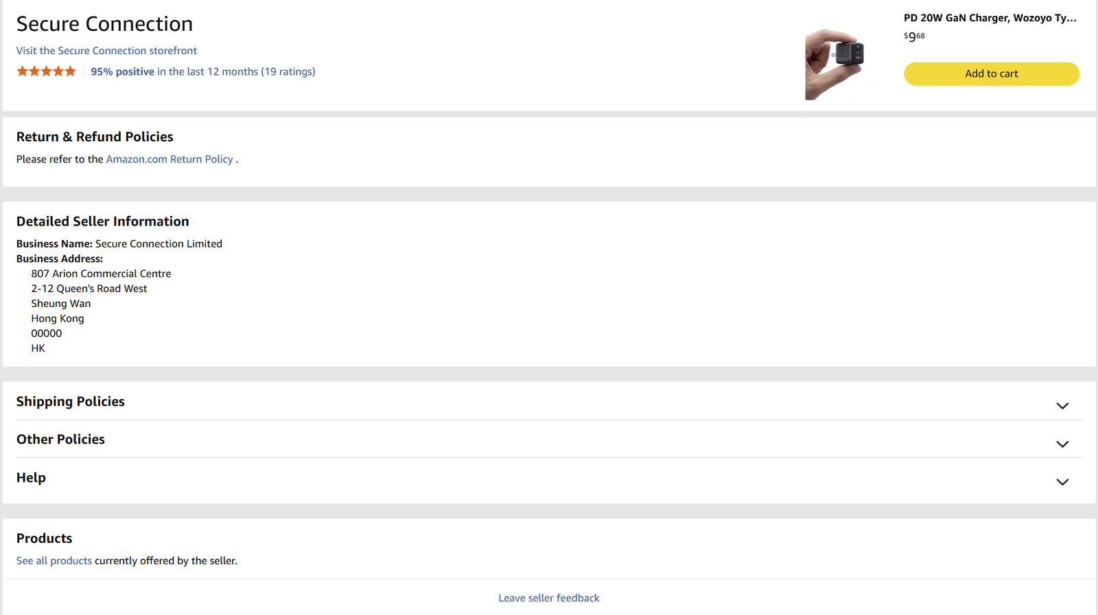 Amazon seller page for a $9.68 wall charger, showing Detailed Seller Information with a Hong Kong business address ending in the country code HK.