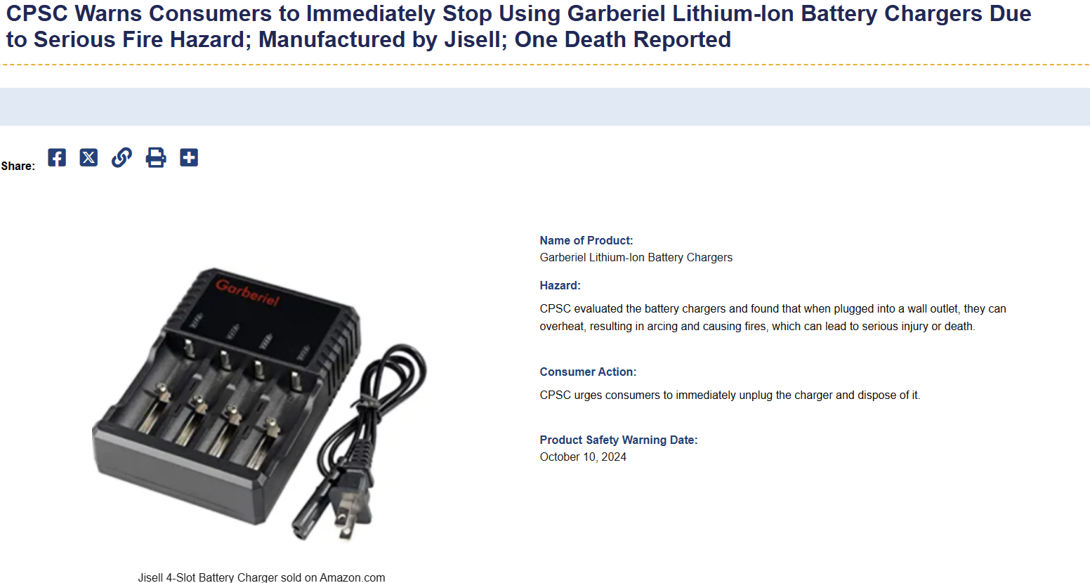 CPSC product safety warning for Garberiel lithium-ion battery chargers, dated October 10, 2024, listing the hazard and a consumer action of unplug and dispose. No remedy or consumer contact section appears.