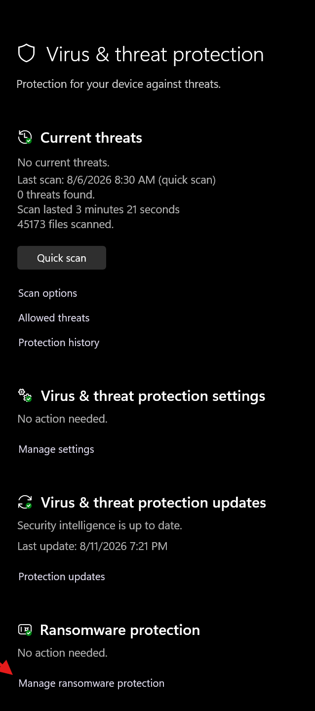 The Virus and threat protection page scrolled to Ransomware protection and the Manage ransomware protection link.