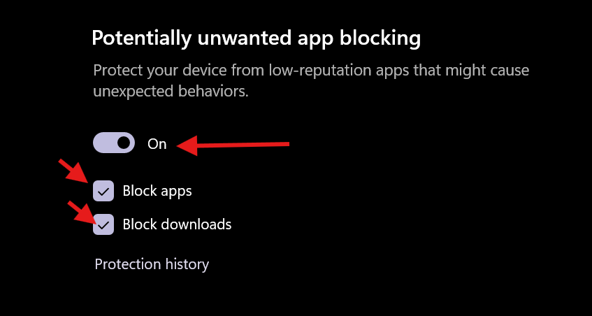 The Potentially unwanted app blocking control turned on, with Block apps and Block downloads both ticked.