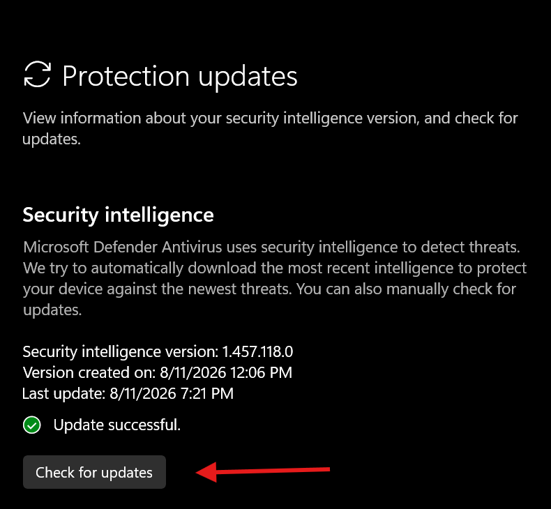 The Protection updates page showing the security intelligence version, the last update time, and the Check for updates button.