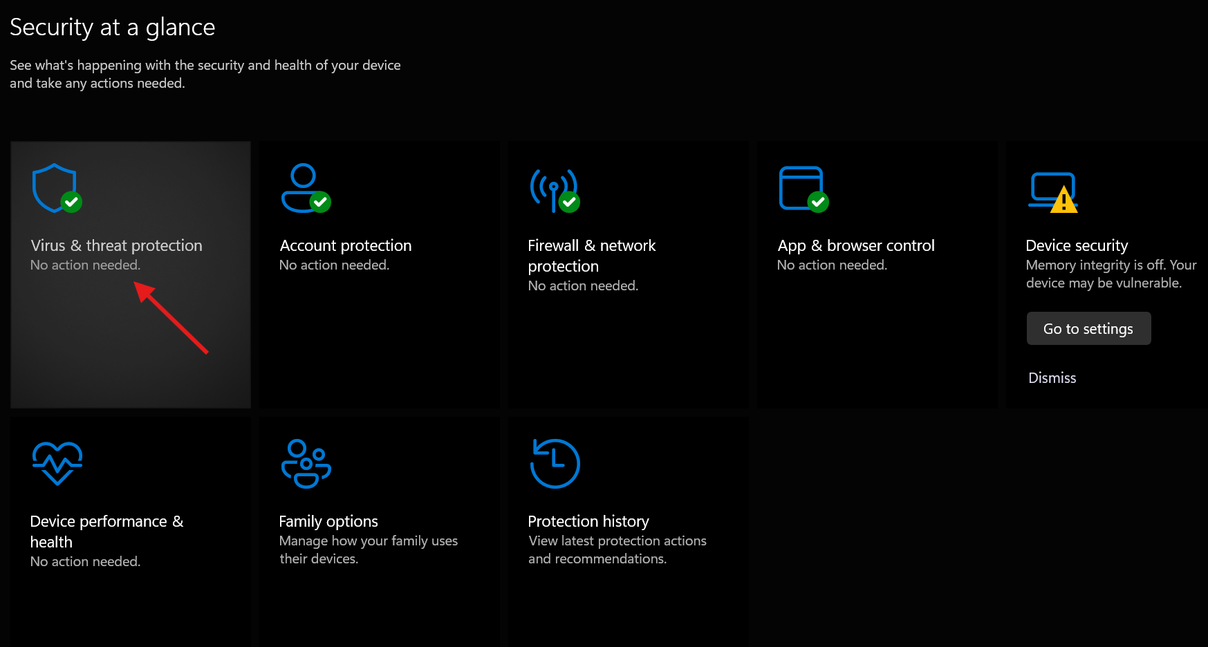 The Windows Security home screen, Security at a glance, with Virus and threat protection at the top left.
