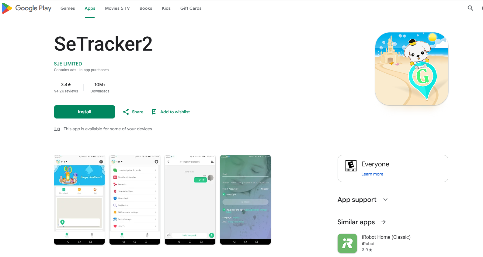 Google Play listing for SeTracker2 showing the developer name SJE LIMITED and more than ten million downloads
