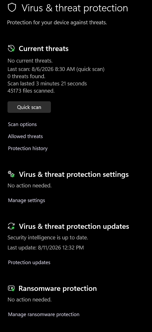 The Virus and threat protection page showing no current threats, protection settings with no action needed, and a recent security intelligence update.