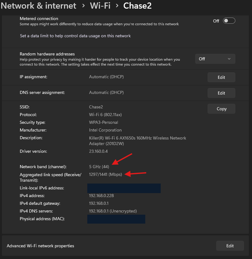 Windows 11 Wi-Fi properties screen with arrows pointing to Network band, reading 5 GHz channel 44, and aggregated link speed, reading 1297 by 1441 Mbps.