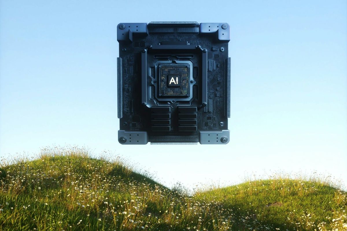 A boxy AI processor module hovering above green wildflower hills under a clear sky.