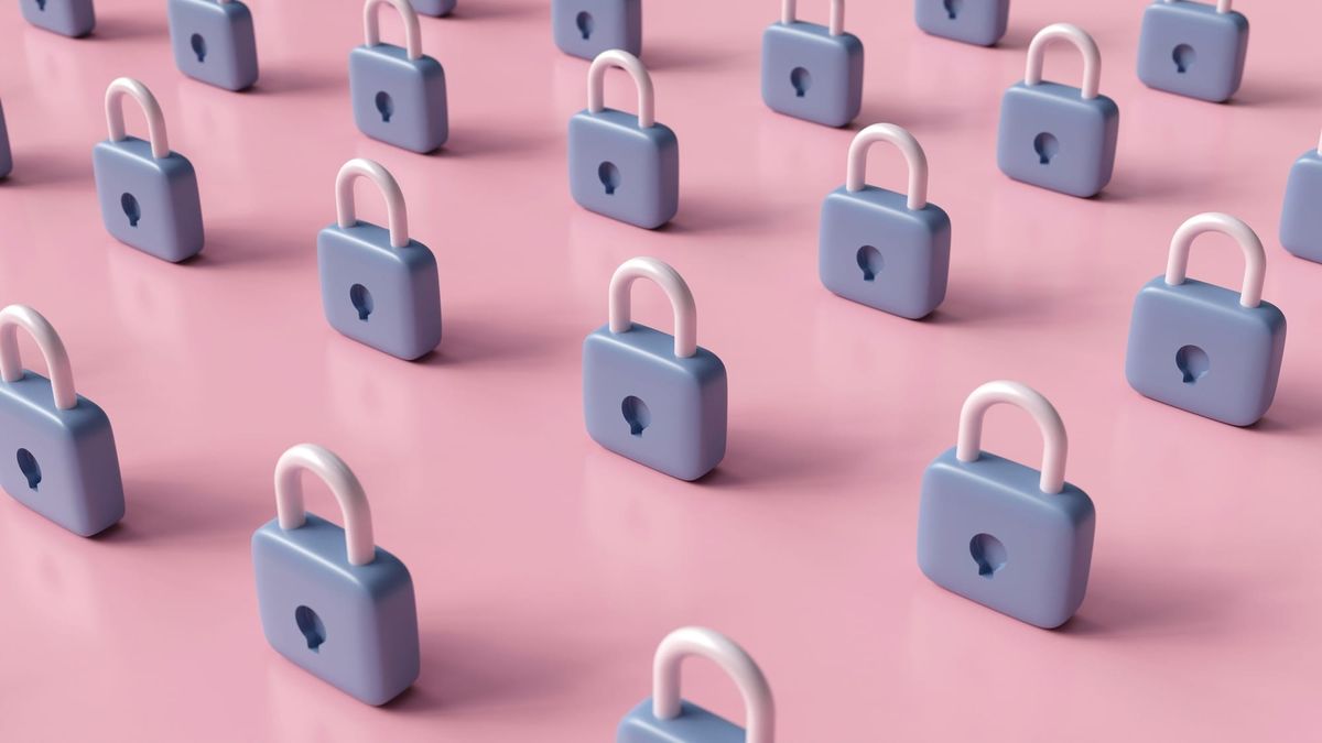 A grid of identical blue padlocks on a soft pink background.