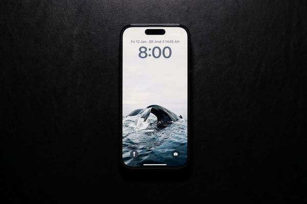 A modern iPhone centered on a black background, showing its lock screen with a whale tail photo and the time 8:00.