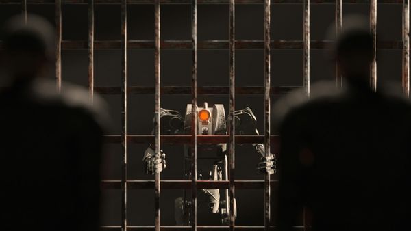 A robot seen through the bars of a locked enclosure, watched by two figures in silhouette.