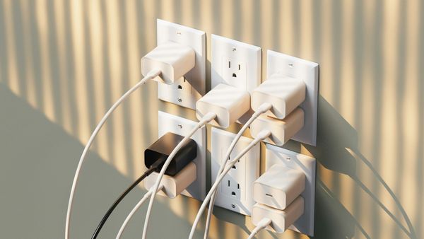 A bank of wall outlets crowded with white phone chargers, lit by afternoon sun through blinds