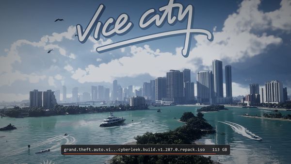 The Vice City postcard from Rockstar's Grand Theft Auto VI art, graded cold, with a fake torrent file row over the water reading 113 GB.