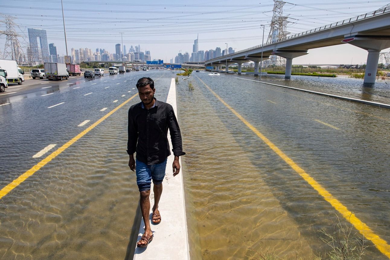 Sheikh Zayed Road highway in Dubai was flooded and shut down following the heaviest rain recorded in the UAE. Photo: Christopher Pike/AP
