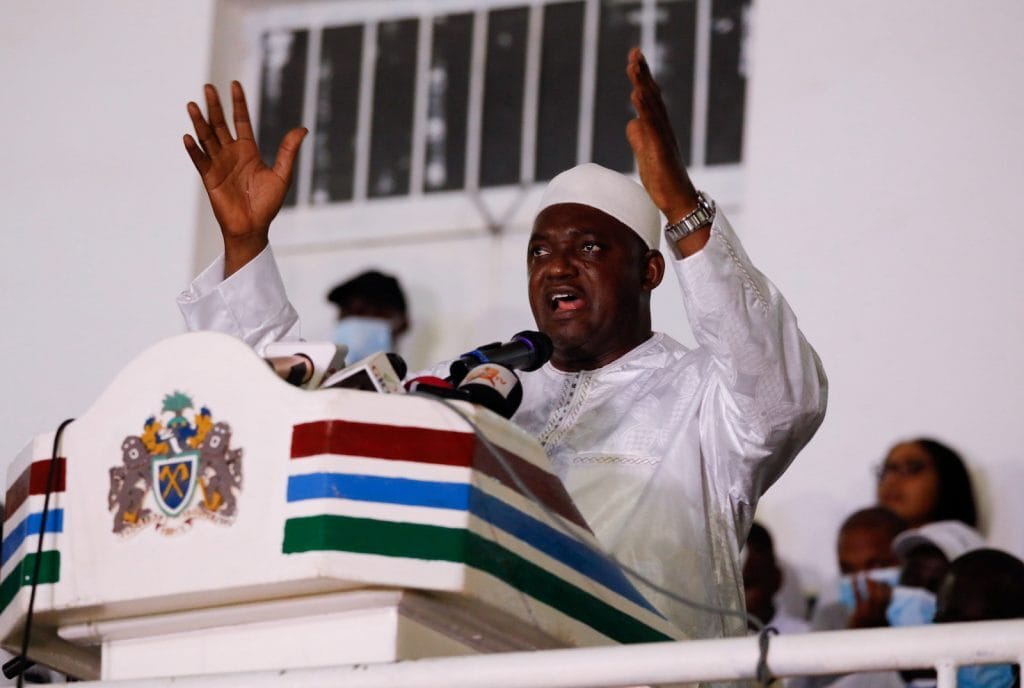 Gambia’s president Adama Barrow gives a victory speech in Banjul, Gambia December 5, 2021. Photo: Zohra Bensemra/Reuters