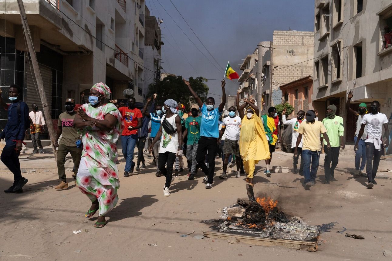 A protest last week against Sall’s decision to postpone the election. Photo: Stefan Kleinowitz/AP