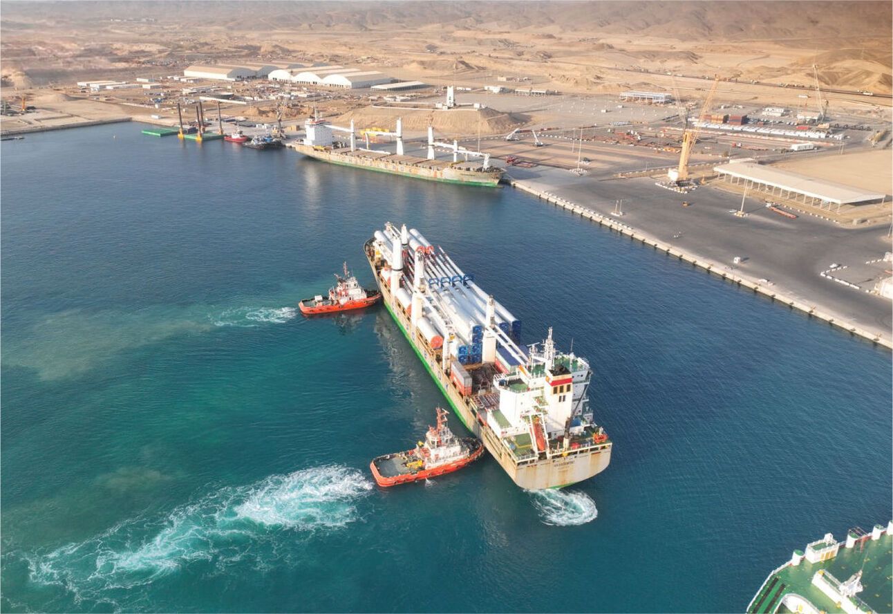 Wind turbines arriving at NEOM port. Photo: NEOM Green Hydrogen Company