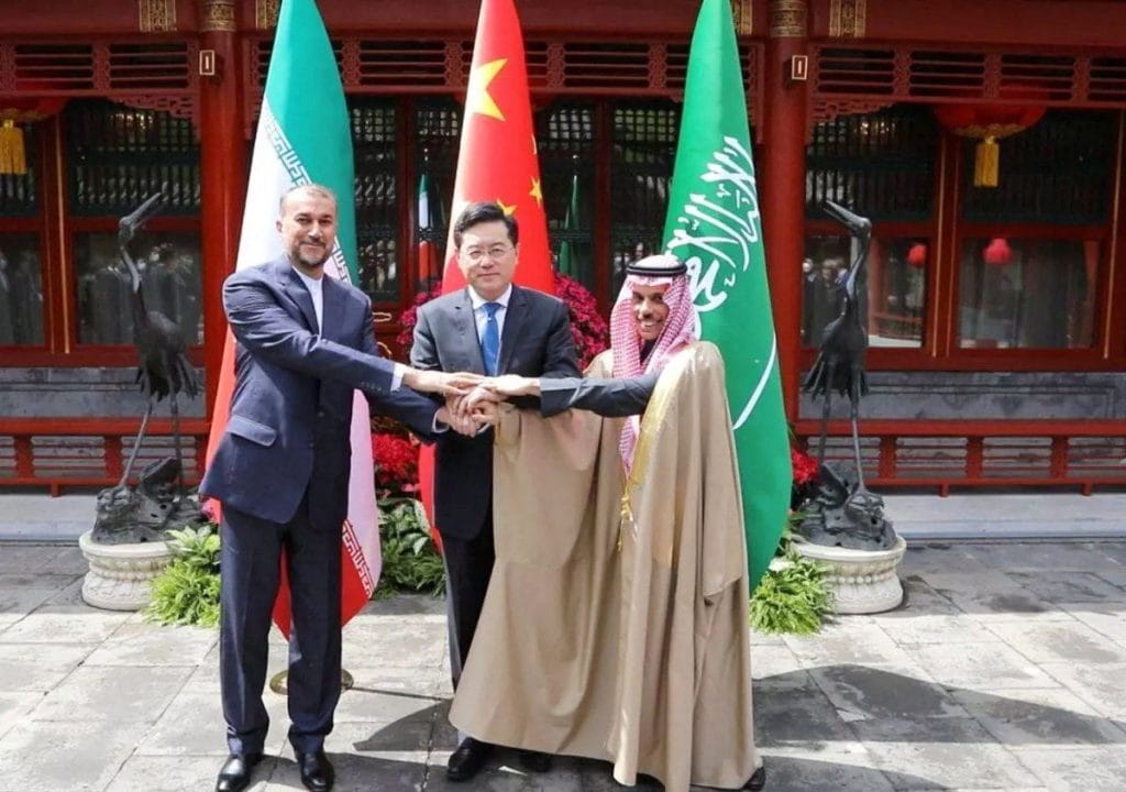 Iranian Foreign Minister Hossein Amir-Abdollahian, Saudi Arabia’s Foreign Minister Prince Faisal bin Farhan Al Saud and Chinese Foreign Minister Qin Gang in Beijing. Photo: West Asia News Agency via Reuters