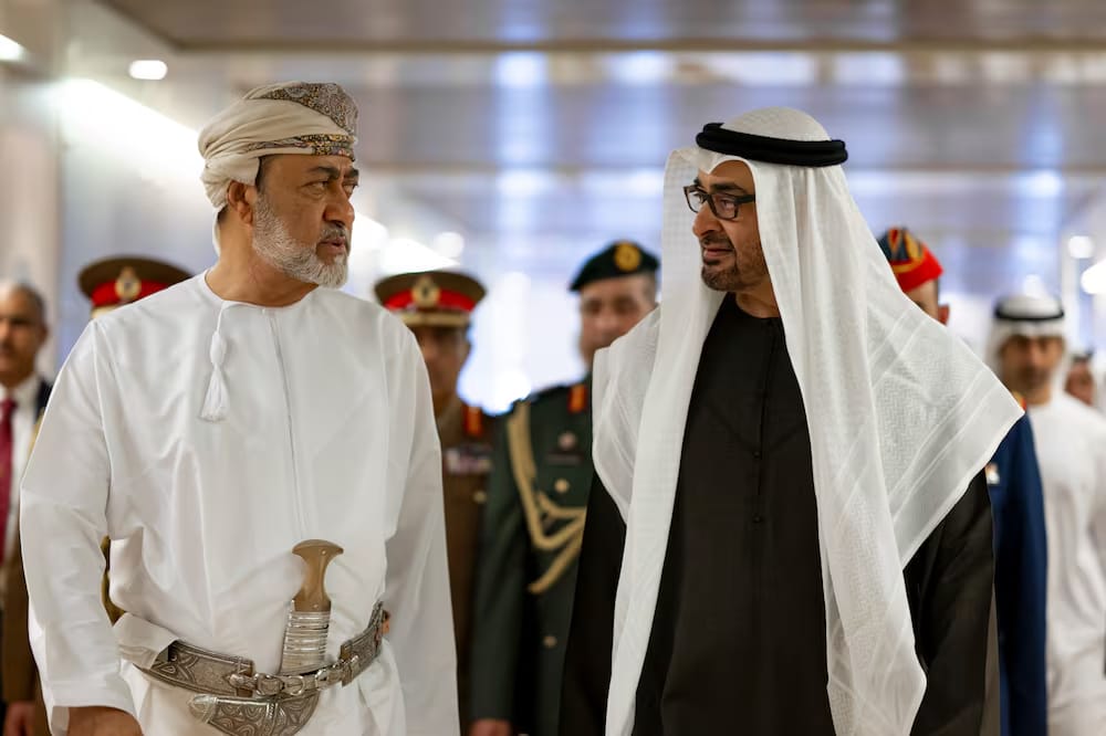 UAE President Sheikh Mohamed bin Zayed Al Nahyan, right, and Sultan Haitham of Oman. Photo: UAE Presidential Court