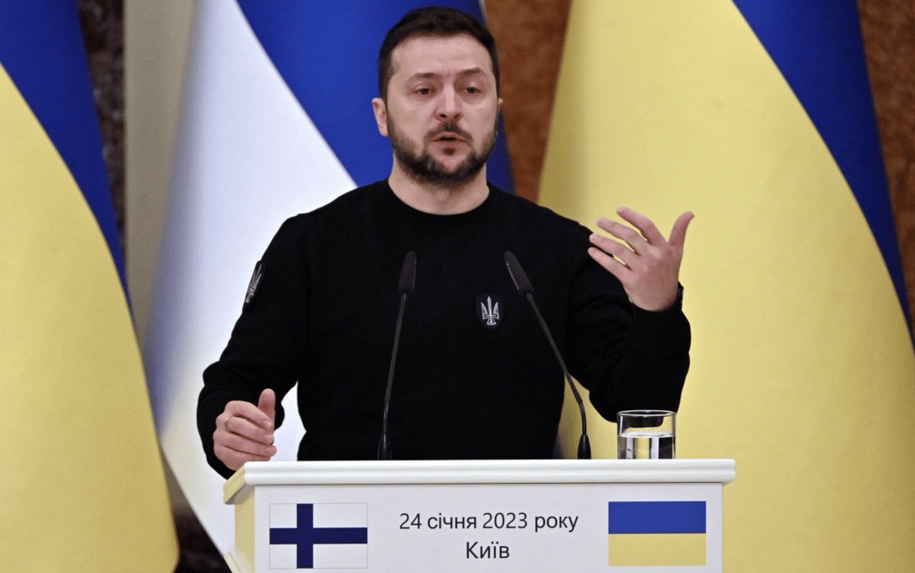 Volodymyr Zelensky during a news conference with Finnish President Sauli Niinistö this week. Photo: Sergei Supinsky/AFP/Getty Images