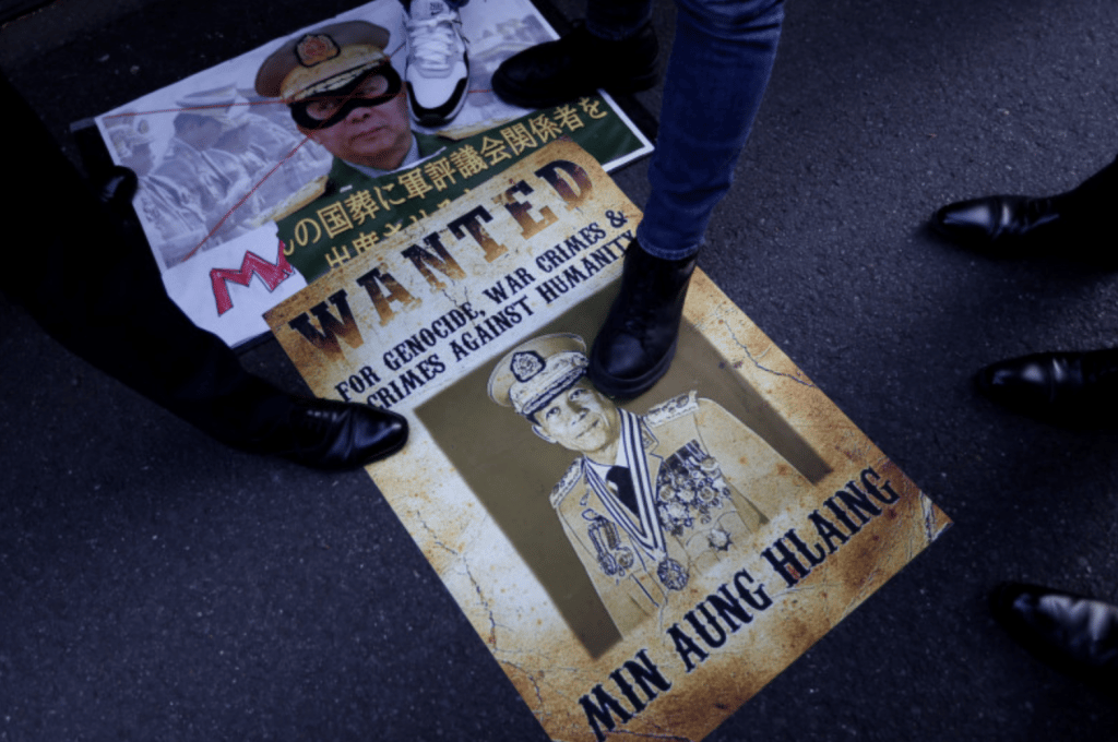 ‘Wanted’ posters featuring the junta leader Min Aung Hlaing are seen during a protest outside Myanmar’s embassy in Tokyo on Wednesday. Photo: AFP via Bangkok Post