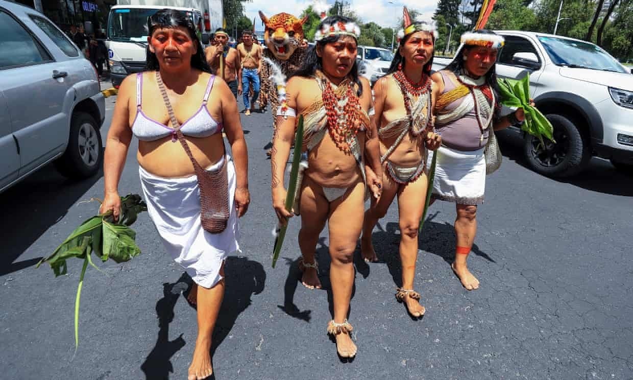 Waorani indigenous people campaigning for a ‘yes’ vote to stop oil exploration in Yasuní national park. Photograph: José Jácome/EPA