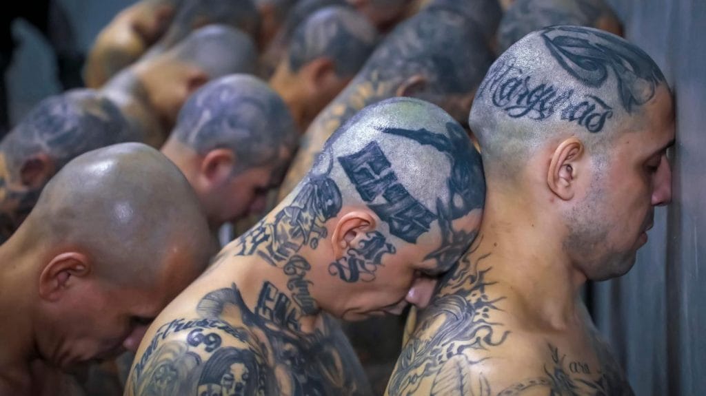 Heavily tattooed gang members arrive at El Salvador’s new “mega-prison”, which is set to become the world’s largest. Photo: Getty Images