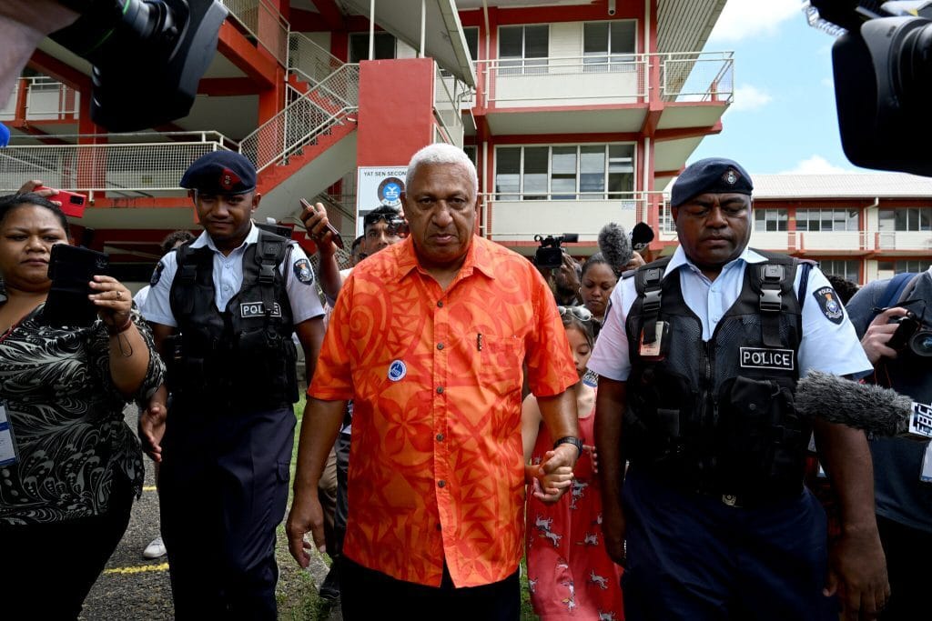 Incumbent prime minister Frank Bainimarama leaving a polling station in Suva. Photo: Mick Tsikas/EPA, via Shutterstock