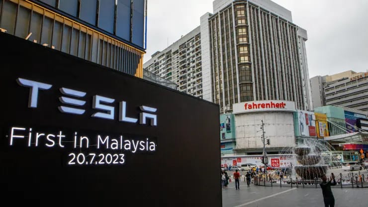 Tesla signage during a launch of company’s Model Y electric vehicle in Kuala Lumpur in July. Photo: Bloomberg