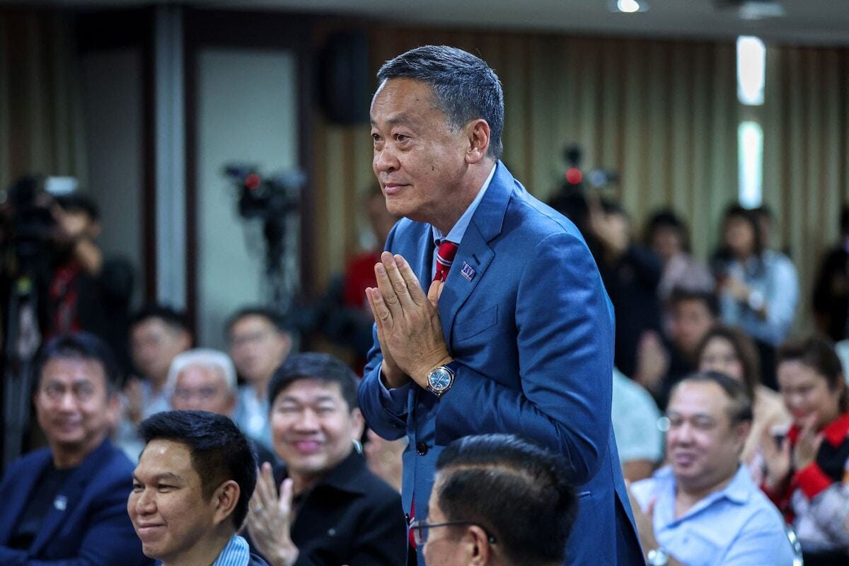 Srettha Thavisin, Thailand’s incoming PM, greets party members during a meeting at Pheu Thai’s headquarters in Bangkok. Photo: Athit Perawongmetha/Reuters