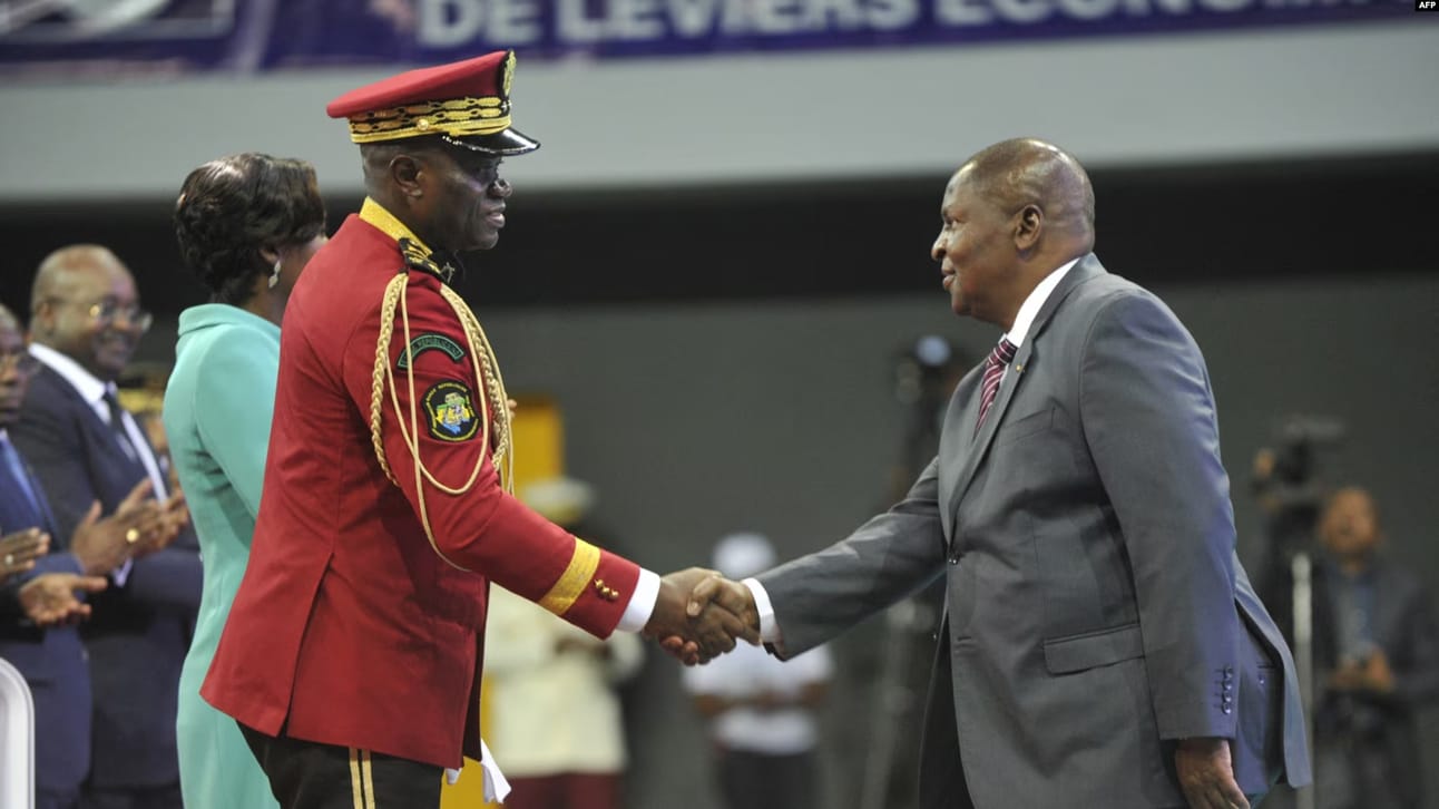 Gabon’s Transitional President General Brice Oligui Nguema, left, with the President of the Central African Republic Faustin-Archange Touadera in an April 2024 file picture. Photo: AFP via VoA