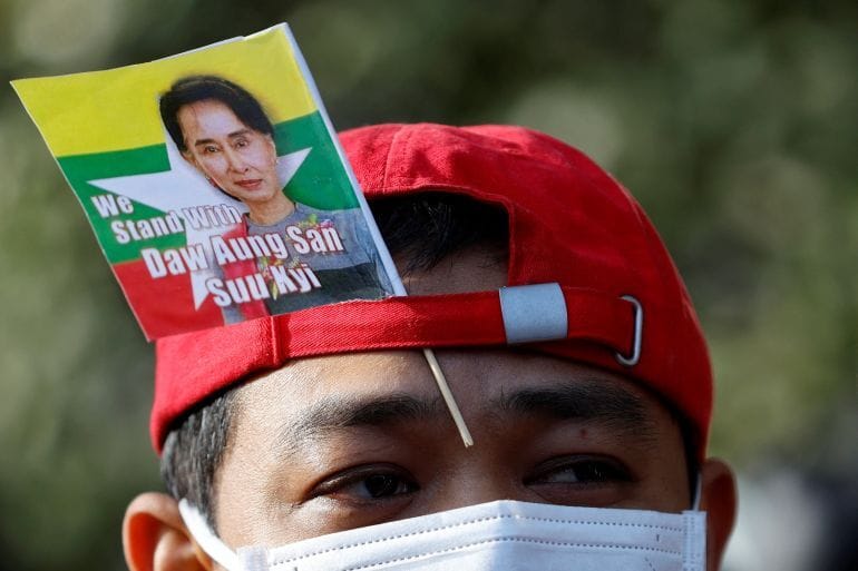 A protester outside the Embassy of Myanmar in Tokyo, Japan on February 1, 2023 Photo: Issei Kato/Reuters