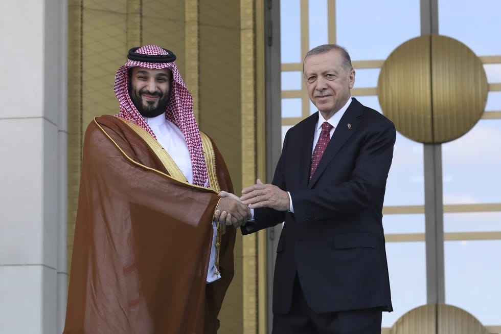 Erdogan with Saudi Crown Prince Mohammed bin Salman at the beginning the Turkish leader’s three-stop tour of Gulf states. Photo: Burhan Ozbilici/AP
