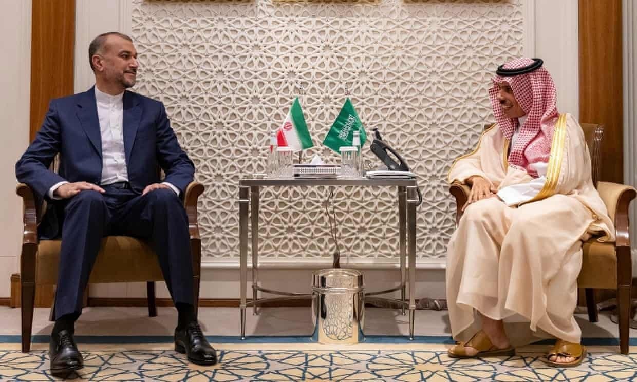 Hossein Amir-Abdollahian, left, and Prince Faisal bin Farhan in Riyadh, Saudi Arabia. Photo: Abdulrahman al-Abdulsalam/AP