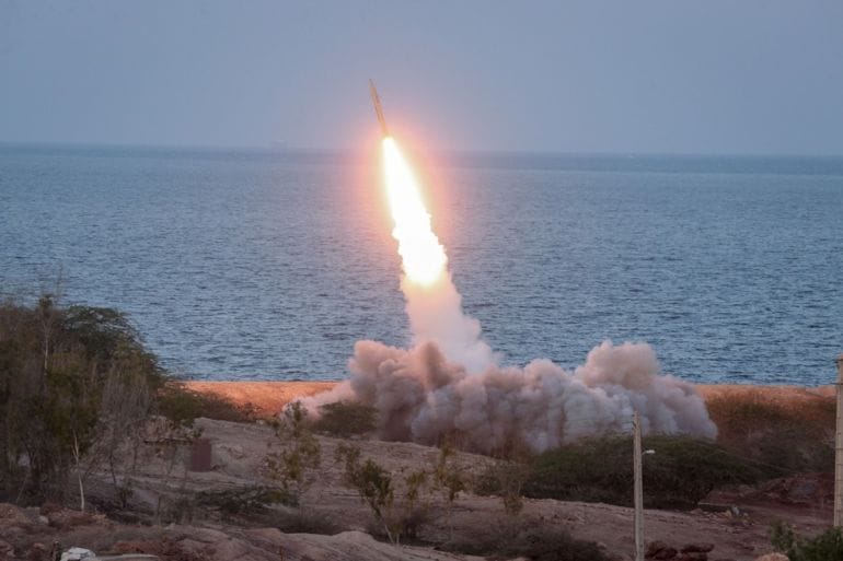 A file photo of an Iranian missile launched during a December 2021 exercise in southwestern Iran. Photo via Iranian government sources