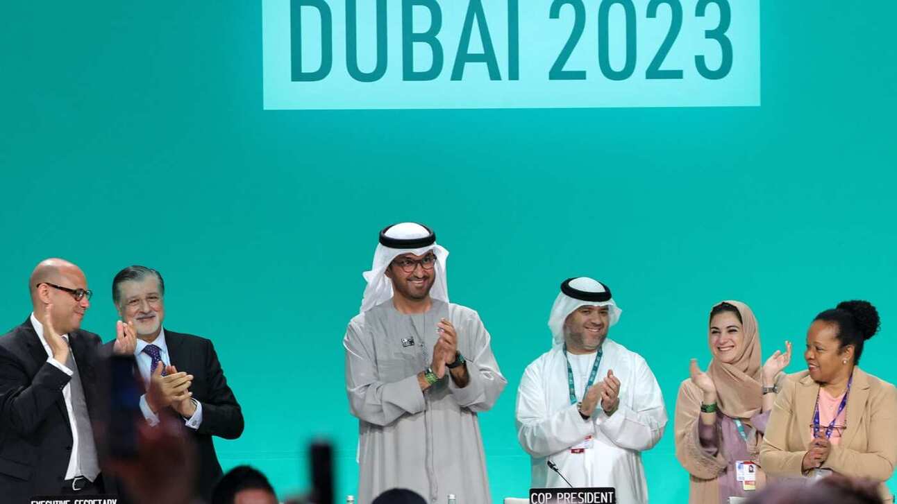 COP28 president Sultan al-Jaber, third from left, led the applause for ‘a consensus deal’ at the UN climate summit in Dubai. Photo: AFP via Getty Images