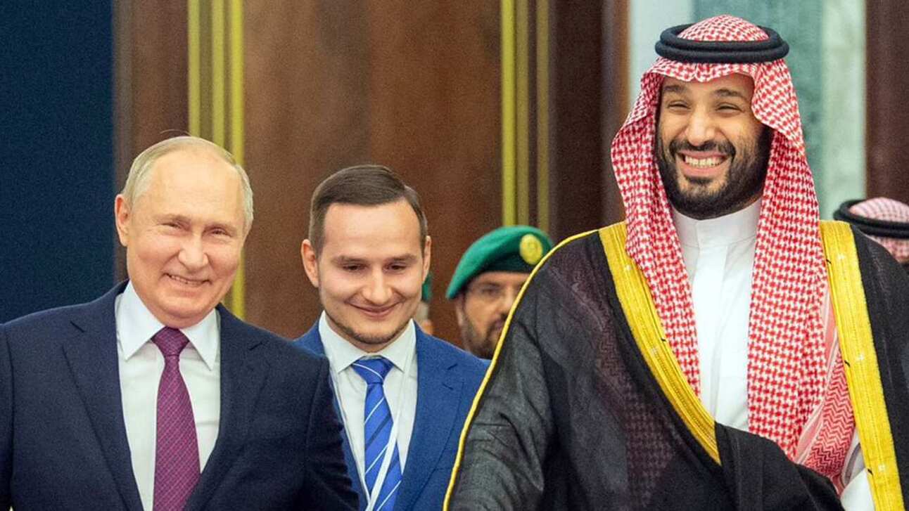 Saudi Arabia’s Crown Prince Mohammed bin Salman, right, welcomes Vladimir Putin, left, to Riyadh on Wednesday. Photo: SPA/AFP