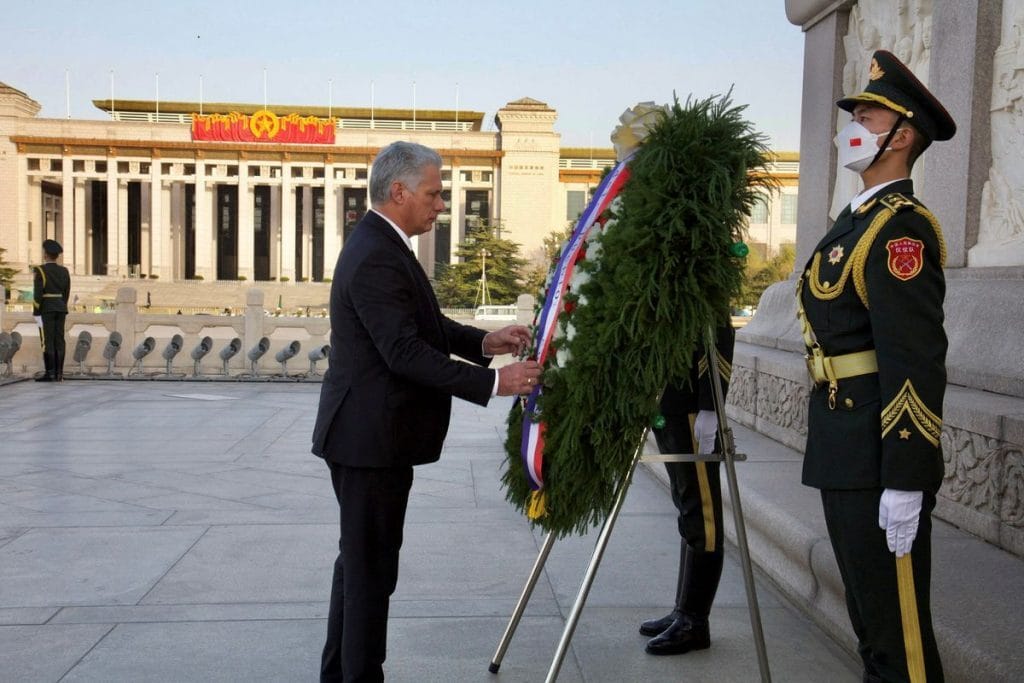 Miguel Diaz-Canel at the Monument to the People’s Heroes at Tiananmen Square in Beijing, China. Photo: Alejandro Azcuy/Cuban Presidency via Reuters