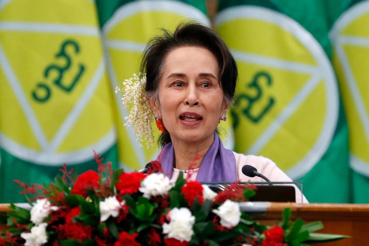 Aung San Suu Kyi delivering a speech in Naypyidaw, Myanmar, in 2020. Photo: Aung Shine Oo/AP