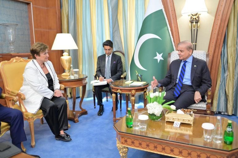 Pakistan’s PM Shehbaz Sharif with IMF chief Kristalina Georgieva in Riyadh last Sunday. Photo: Pakistan PM’s Office