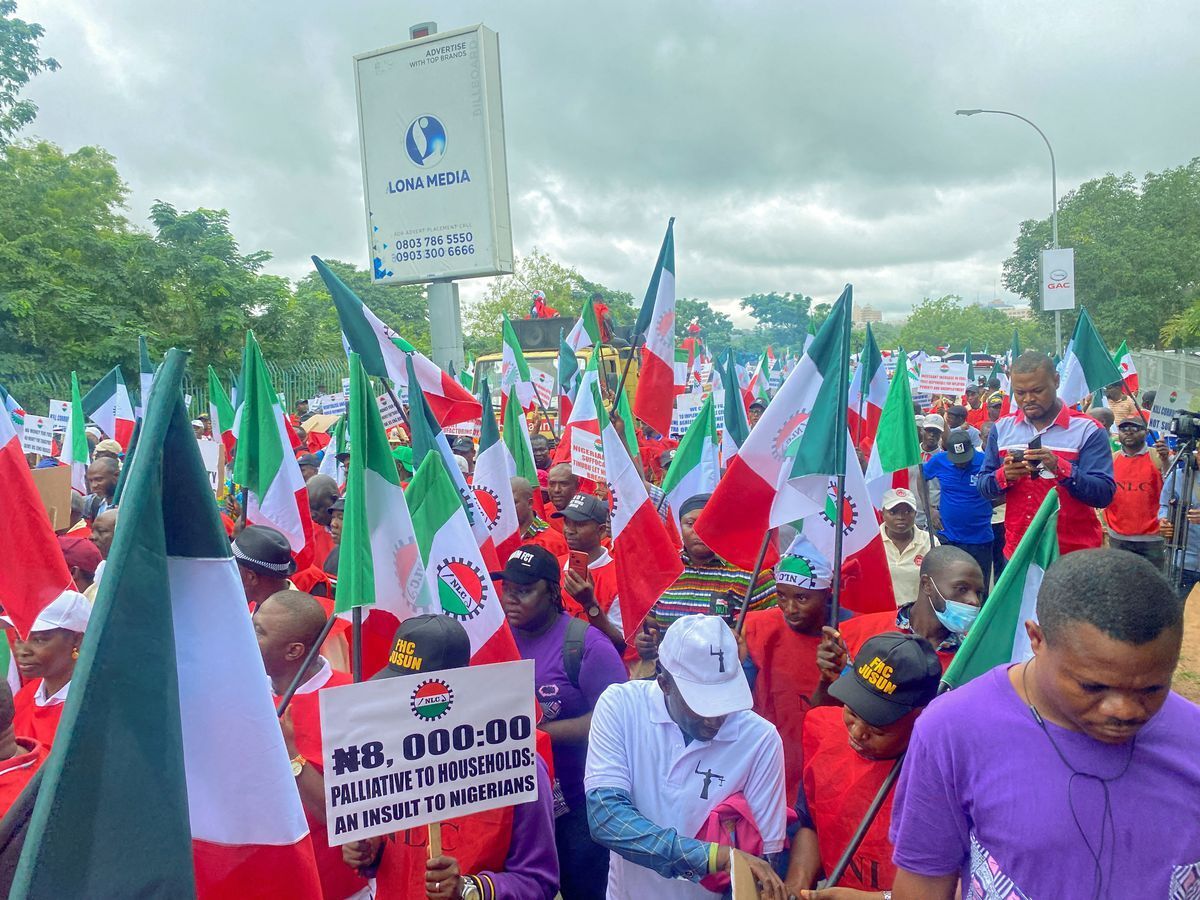 Union members protesting against fuel price hikes and rising costs in Abuja, Nigeria. Photo: Abraham Achirga/Reuters