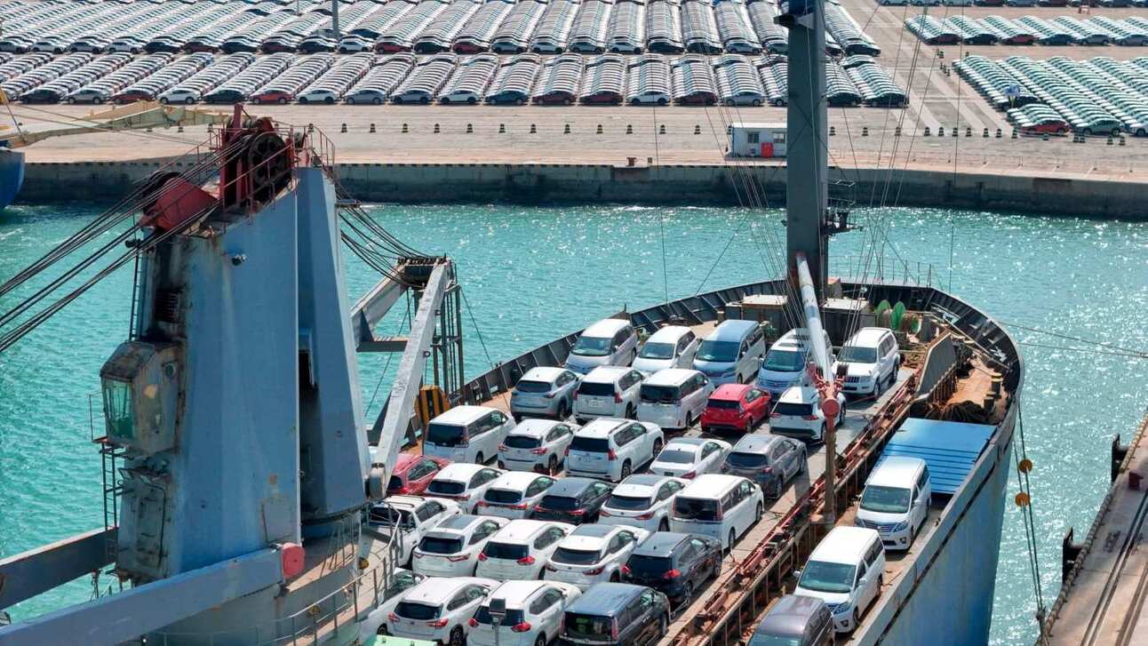 A ship loaded with vehicles for export in the port of Yantai in east China’s Shandong province. Photo: Chinatopix/AP
