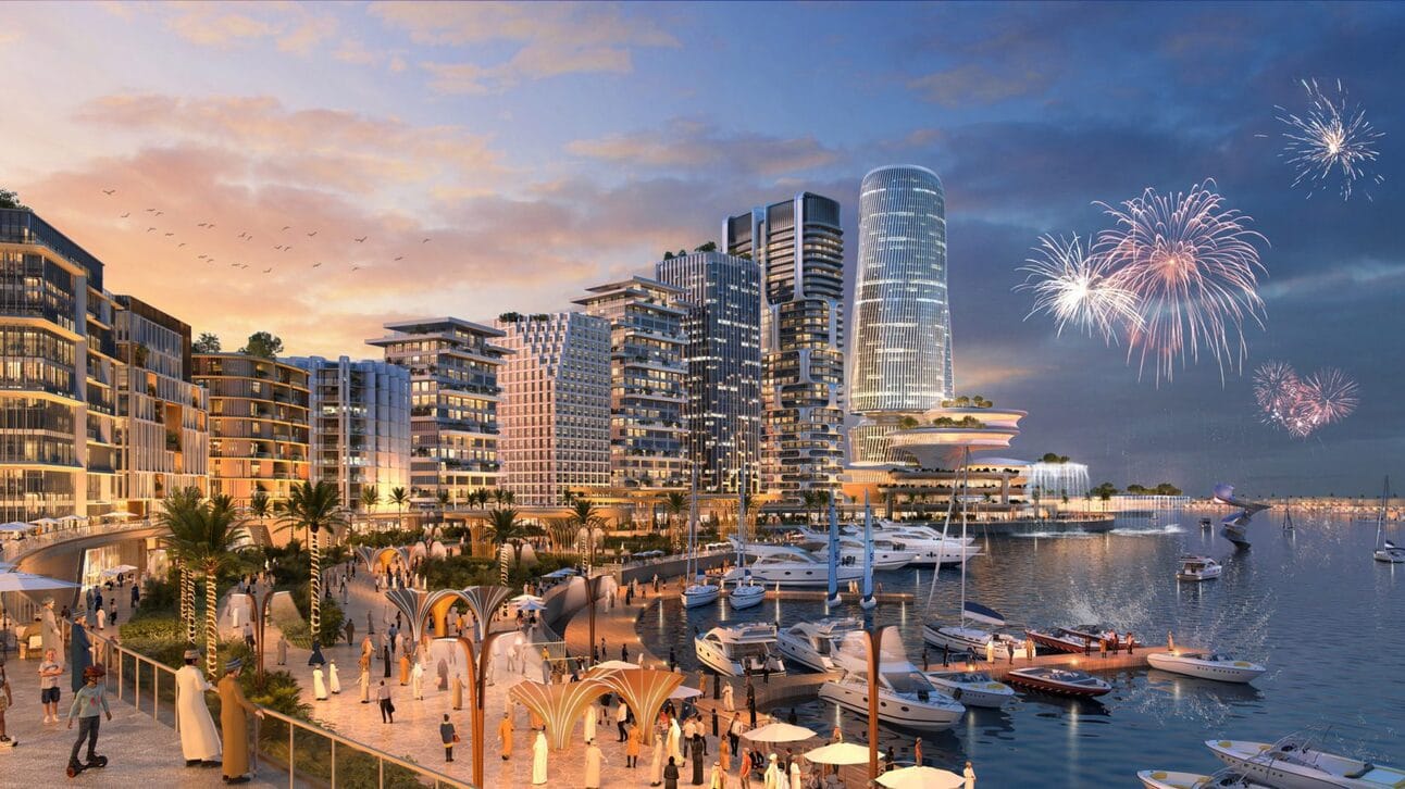 A rendering of Muscat’s future waterfront incorporating passive cooling and shading to encourage walking, and enhanced protection against coastal flooding. Image: Zaha Hadid