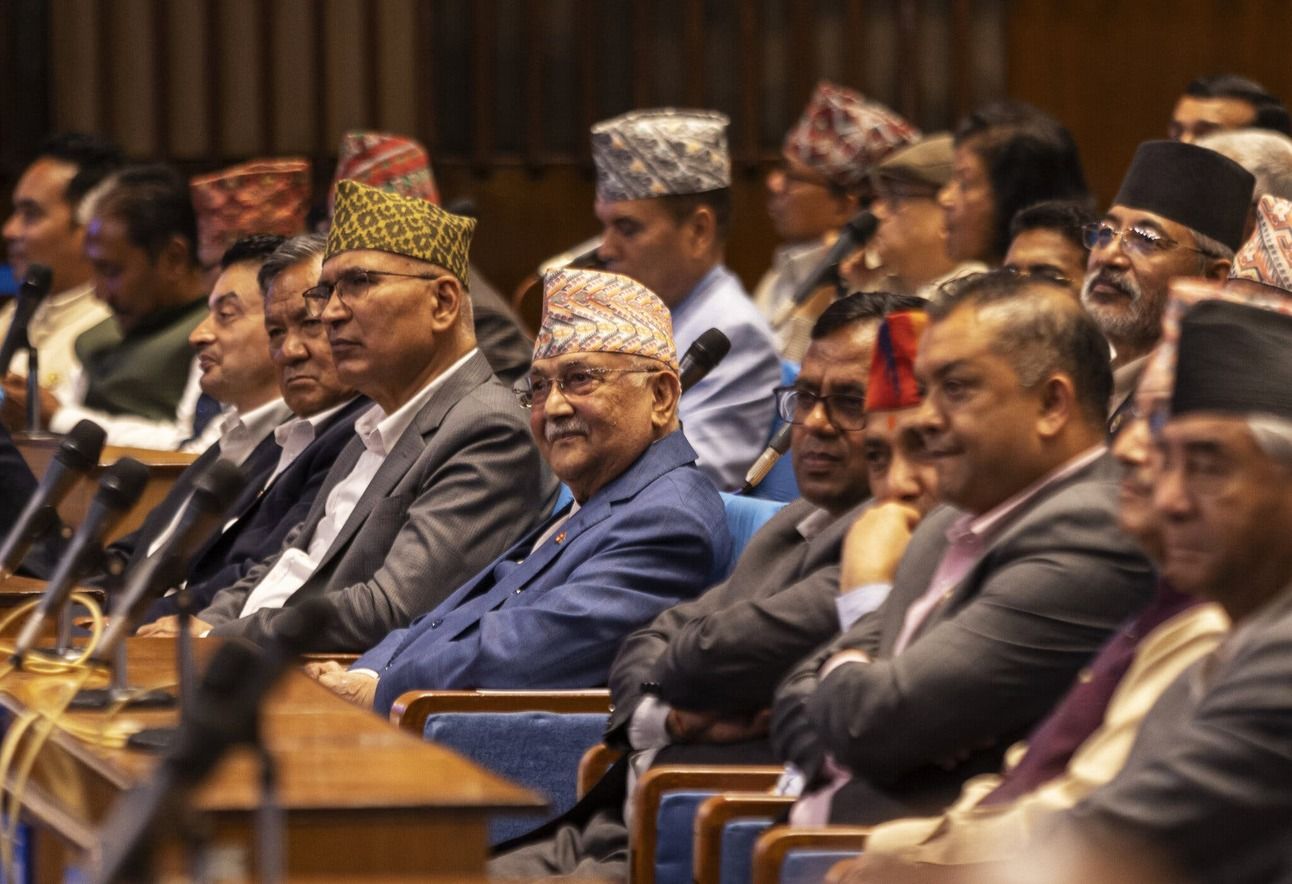 K.P. Sharma Oli, center, at Parliament in Kathmandu. Photo: Narendra Shrestha/EPA