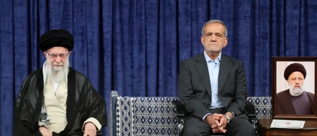 Masoud Pezeshkian (left) and Ali Khamenei. Photo via Iran International