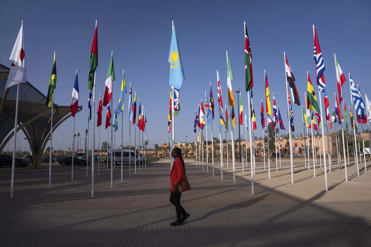 Flags outside the conference center in Marrakech that hosted the IMF and World Bank meetings. Photo: Mosa’ab Elshamy/AP